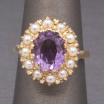 Vintage Amethyst and Seed Pearl Halo Ring in 14k Yellow Gold