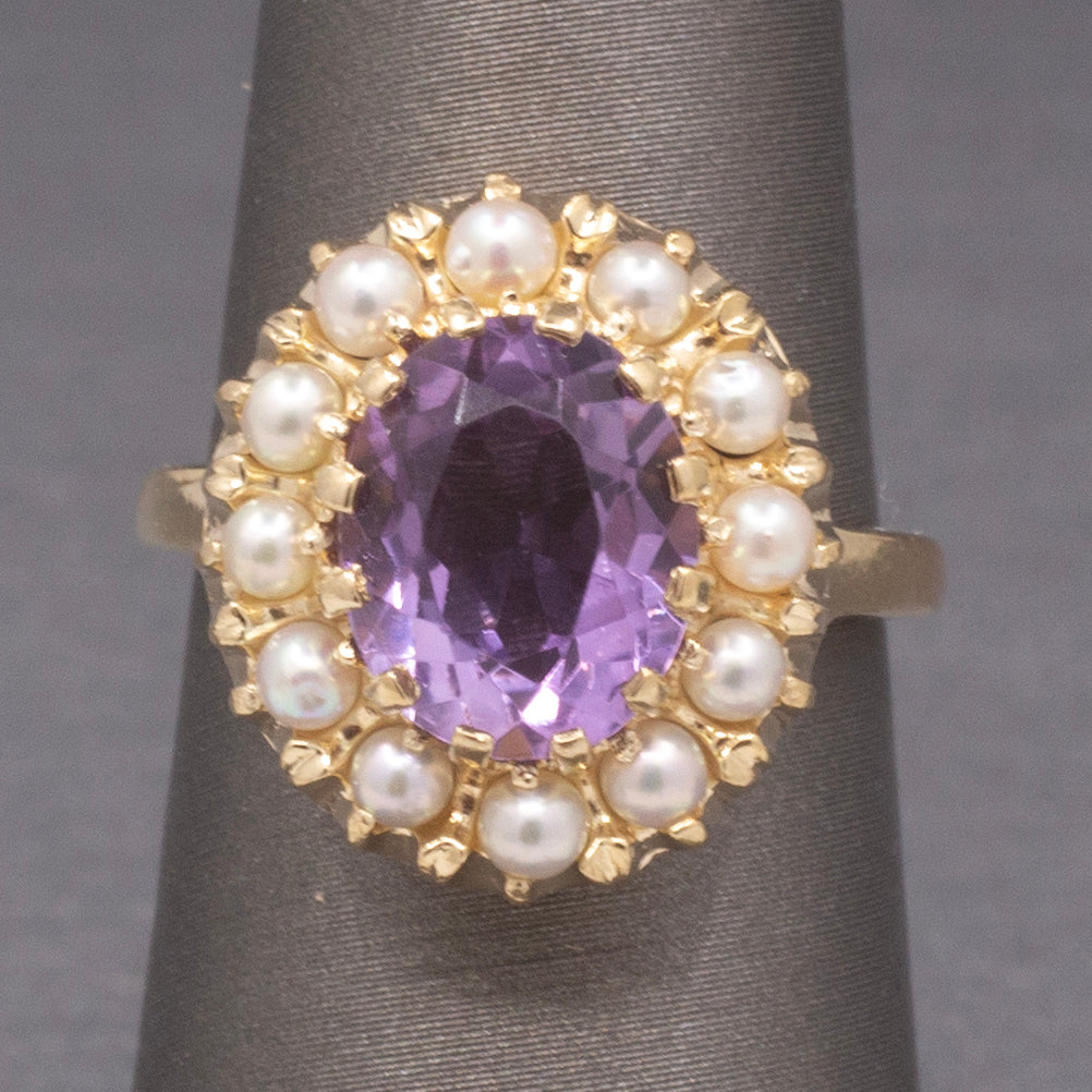 Vintage Amethyst and Seed Pearl Halo Ring in 14k Yellow Gold