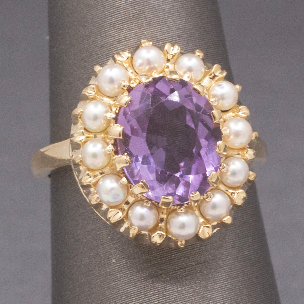 Vintage Amethyst and Seed Pearl Halo Ring in 14k Yellow Gold