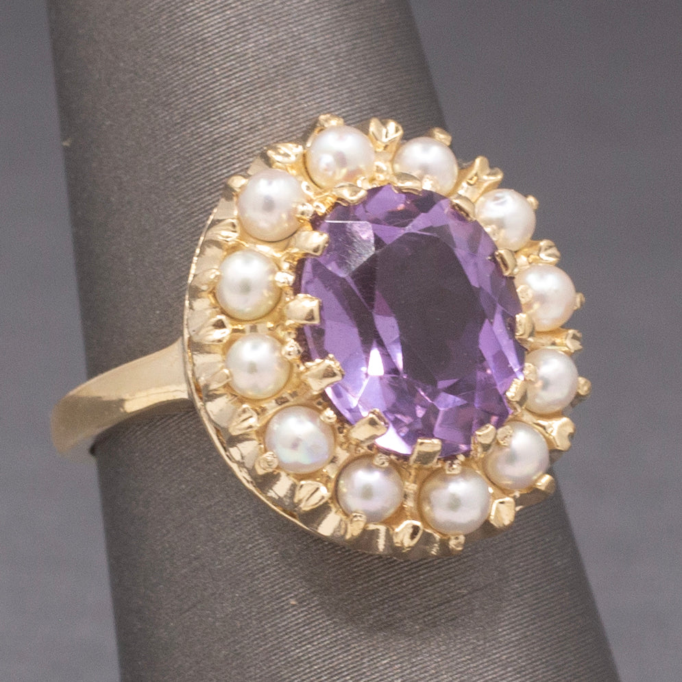 Vintage Amethyst and Seed Pearl Halo Ring in 14k Yellow Gold