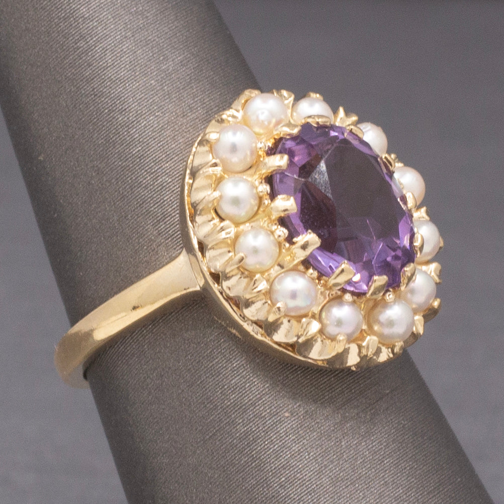 Vintage Amethyst and Seed Pearl Halo Ring in 14k Yellow Gold