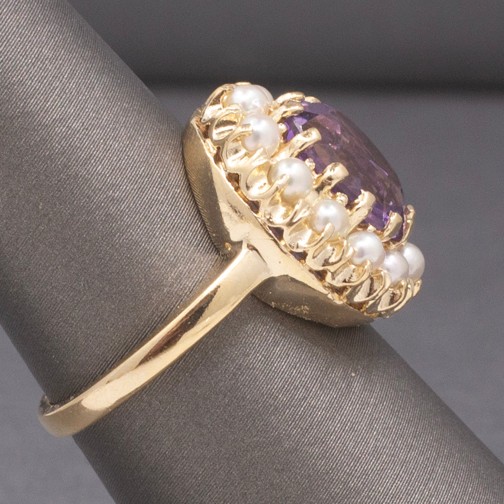 Vintage Amethyst and Seed Pearl Halo Ring in 14k Yellow Gold