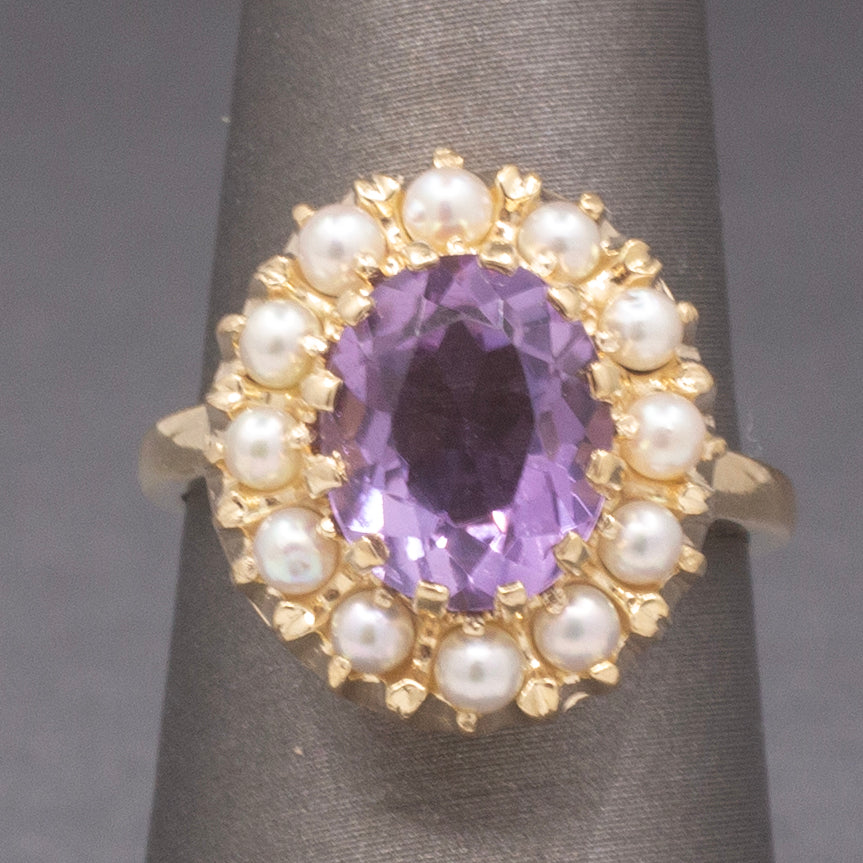 Vintage Amethyst and Seed Pearl Halo Ring in 14k Yellow Gold