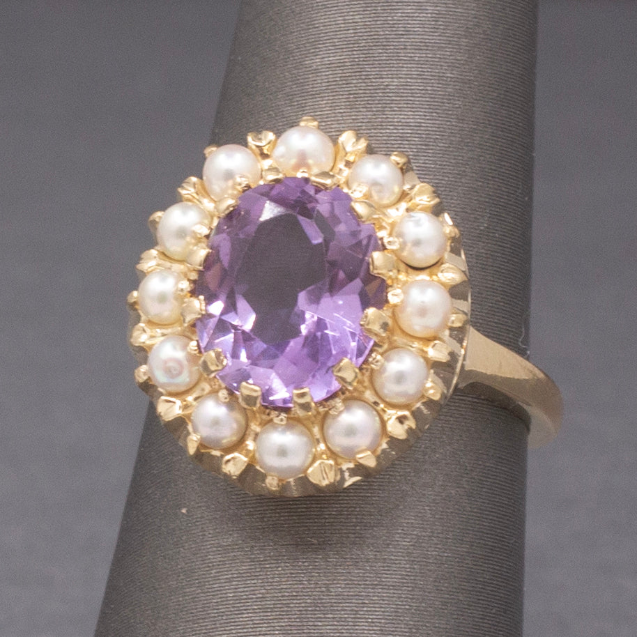 Vintage Amethyst and Seed Pearl Halo Ring in 14k Yellow Gold