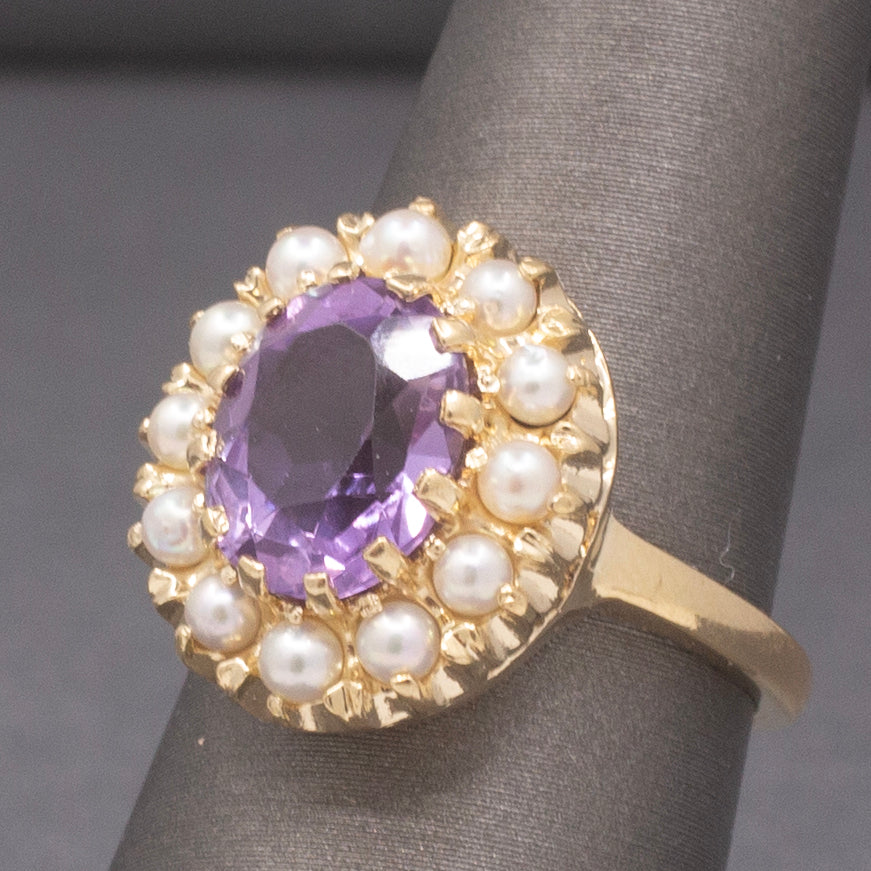 Vintage Amethyst and Seed Pearl Halo Ring in 14k Yellow Gold
