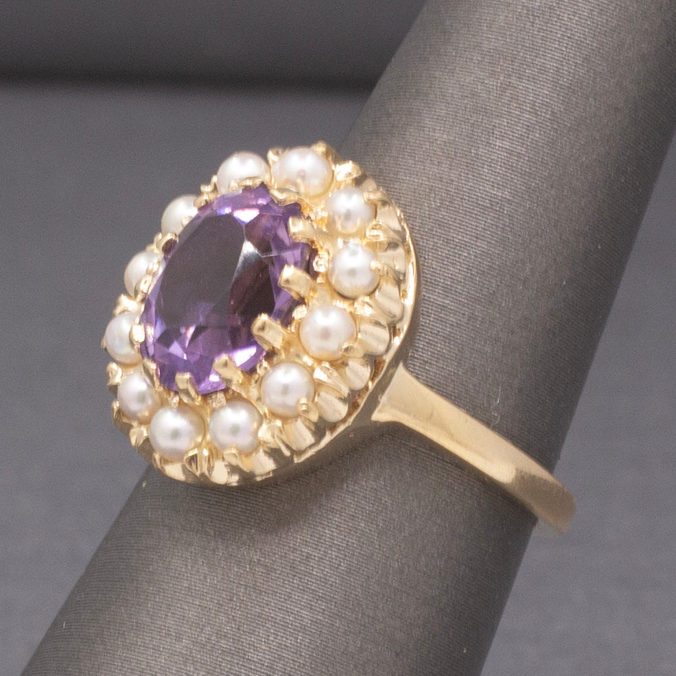Vintage Amethyst and Seed Pearl Halo Ring in 14k Yellow Gold
