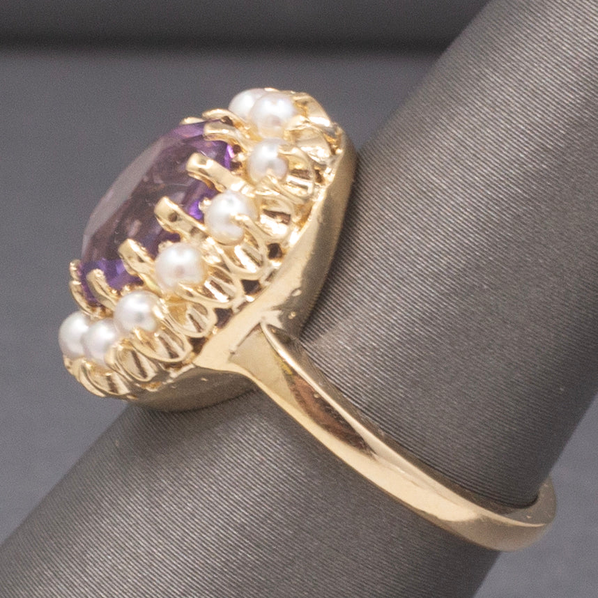 Vintage Amethyst and Seed Pearl Halo Ring in 14k Yellow Gold