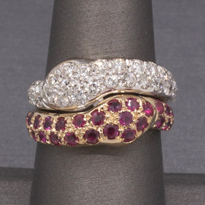 Exquisite Double Headed Snake Ring with Pave' Rubies and Diamonds in 18k White and Yellow Gold