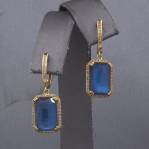 Gorgeous Glowing Sapphire, Quartz and Mother of Pearl Diamond Dangle Earrings in 14k Yellow Gold
