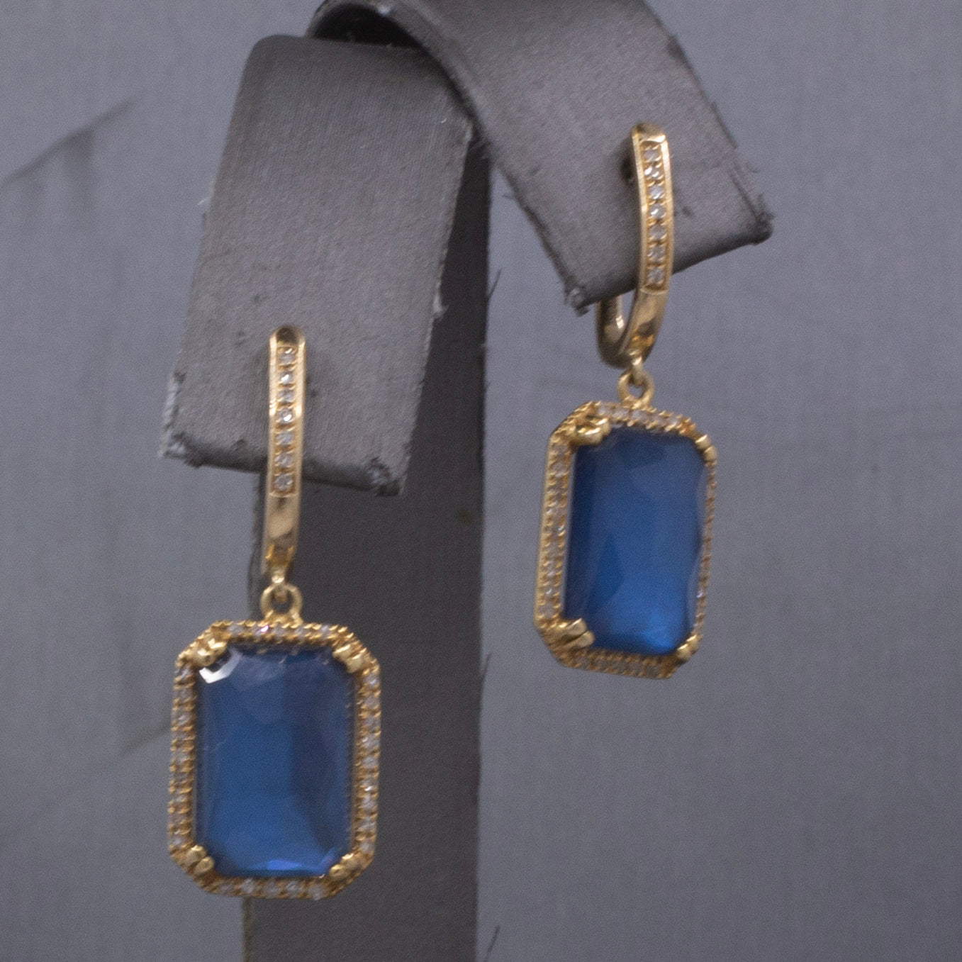 Gorgeous Glowing Sapphire, Quartz and Mother of Pearl Diamond Dangle Earrings in 14k Yellow Gold