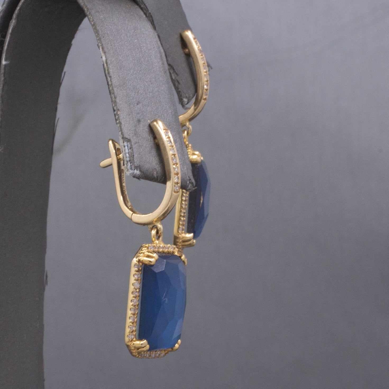 Gorgeous Glowing Sapphire, Quartz and Mother of Pearl Diamond Dangle Earrings in 14k Yellow Gold