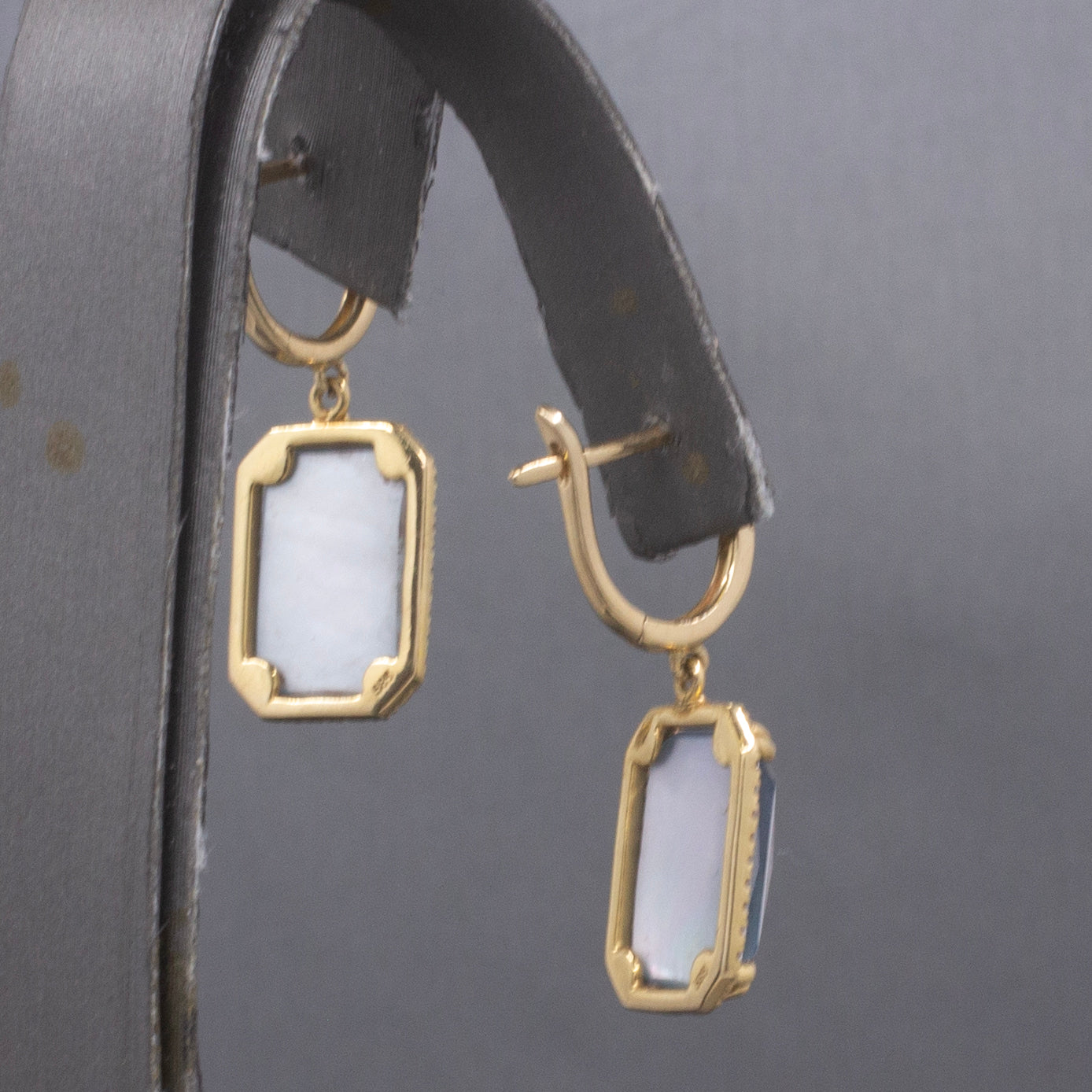 Gorgeous Glowing Sapphire, Quartz and Mother of Pearl Diamond Dangle Earrings in 14k Yellow Gold