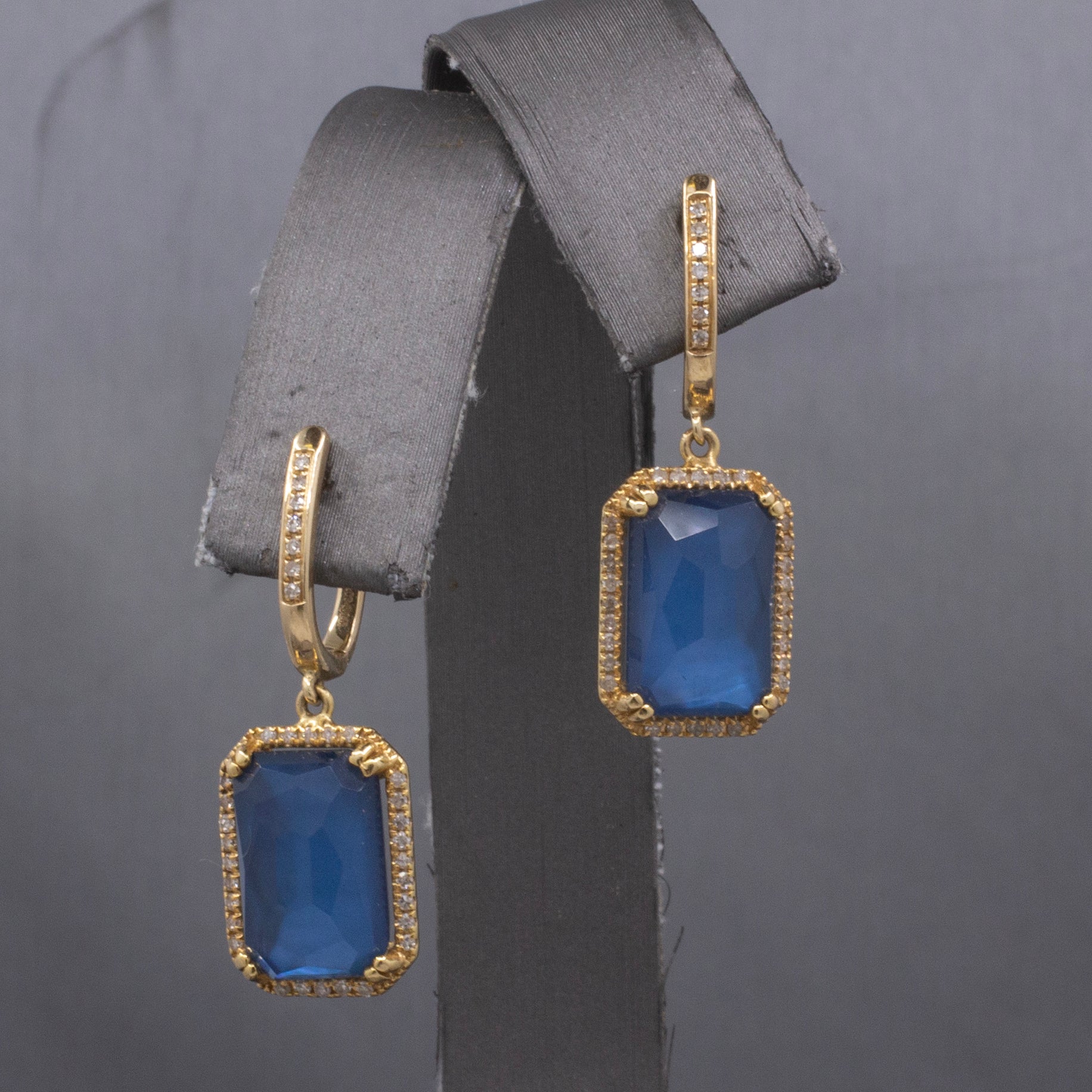 Gorgeous Glowing Sapphire, Quartz and Mother of Pearl Diamond Dangle Earrings in 14k Yellow Gold