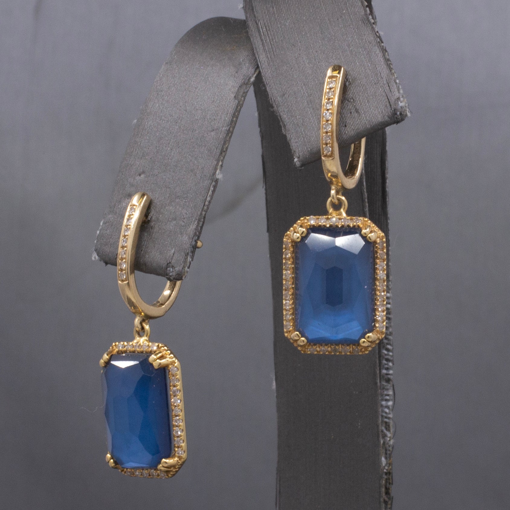 Gorgeous Glowing Sapphire, Quartz and Mother of Pearl Diamond Dangle Earrings in 14k Yellow Gold