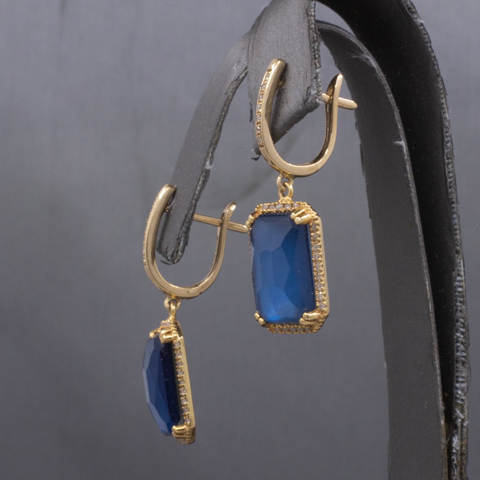 Gorgeous Glowing Sapphire, Quartz and Mother of Pearl Diamond Dangle Earrings in 14k Yellow Gold