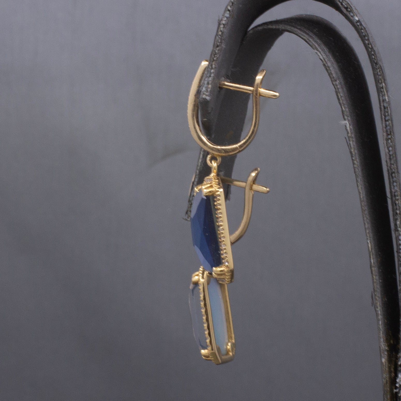 Gorgeous Glowing Sapphire, Quartz and Mother of Pearl Diamond Dangle Earrings in 14k Yellow Gold