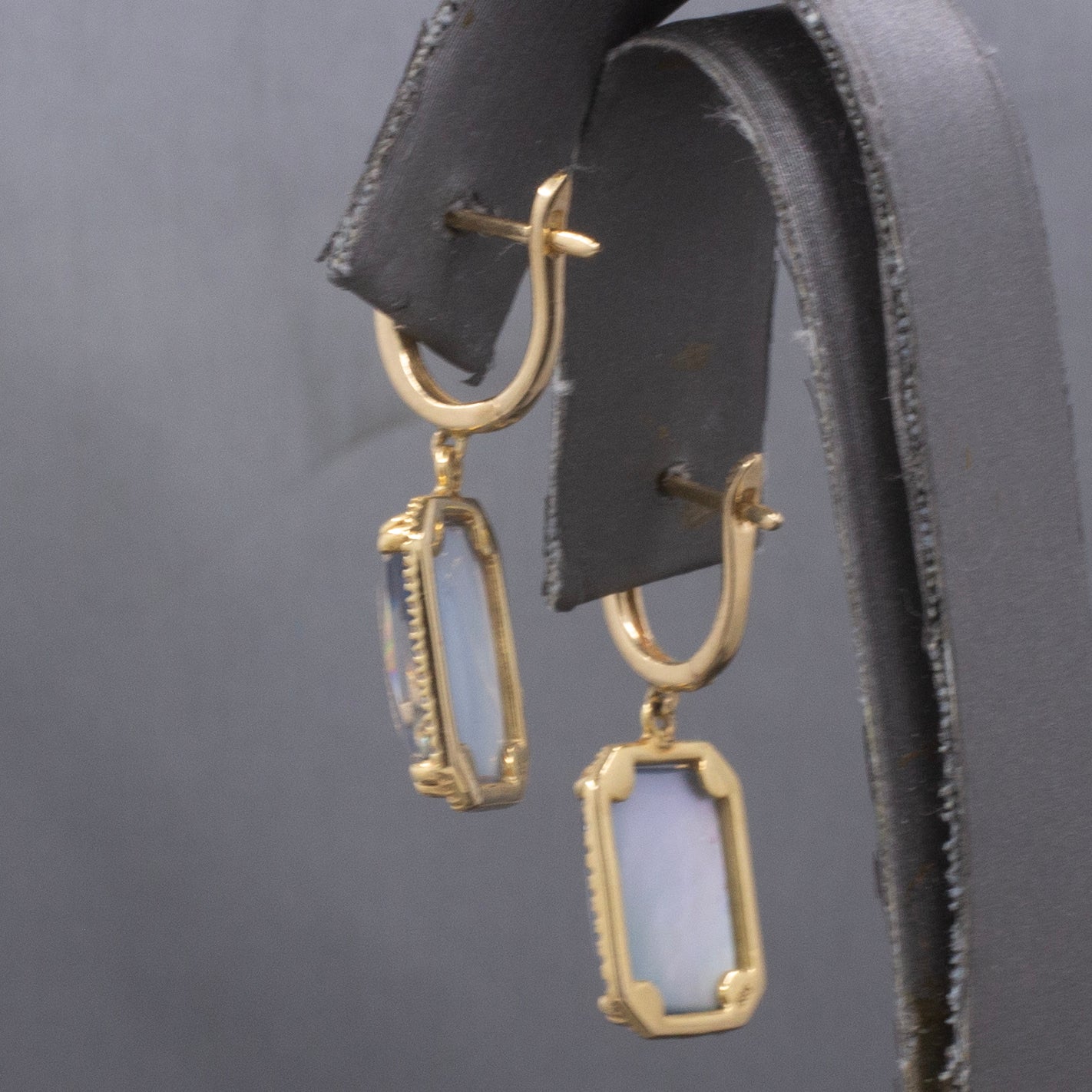 Gorgeous Glowing Sapphire, Quartz and Mother of Pearl Diamond Dangle Earrings in 14k Yellow Gold