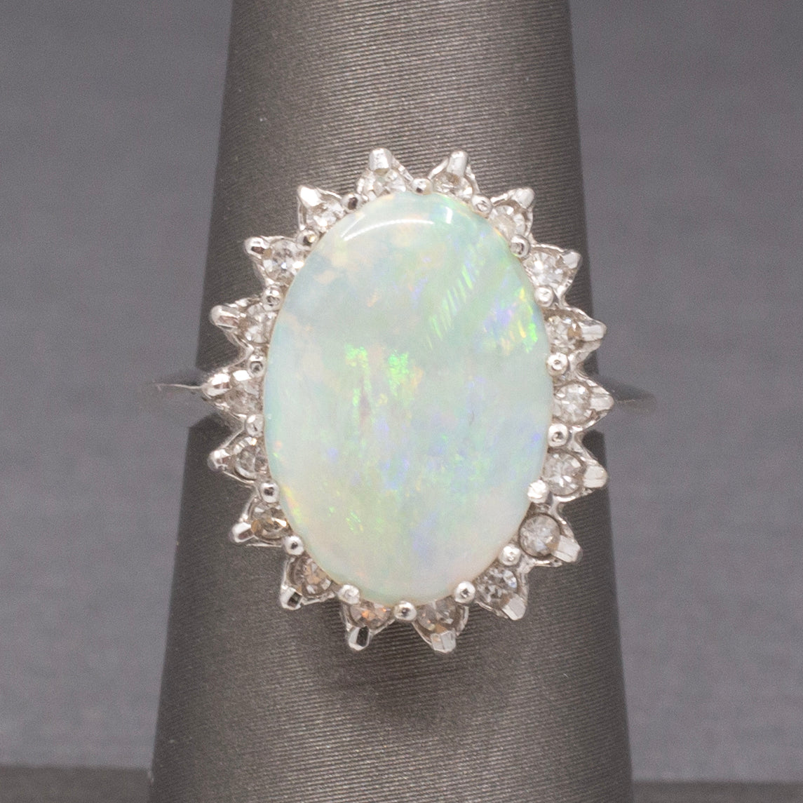 Vintage Australian Opal and Diamond Halo Ring in 14k White Gold