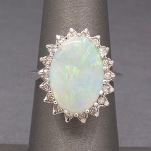 Vintage Australian Opal and Diamond Halo Ring in 14k White Gold