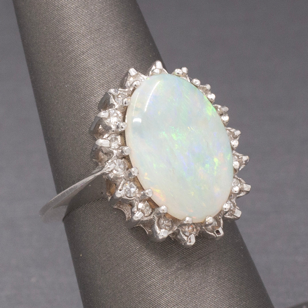 Vintage Australian Opal and Diamond Halo Ring in 14k White Gold