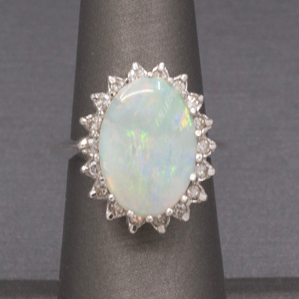 Vintage Australian Opal and Diamond Halo Ring in 14k White Gold