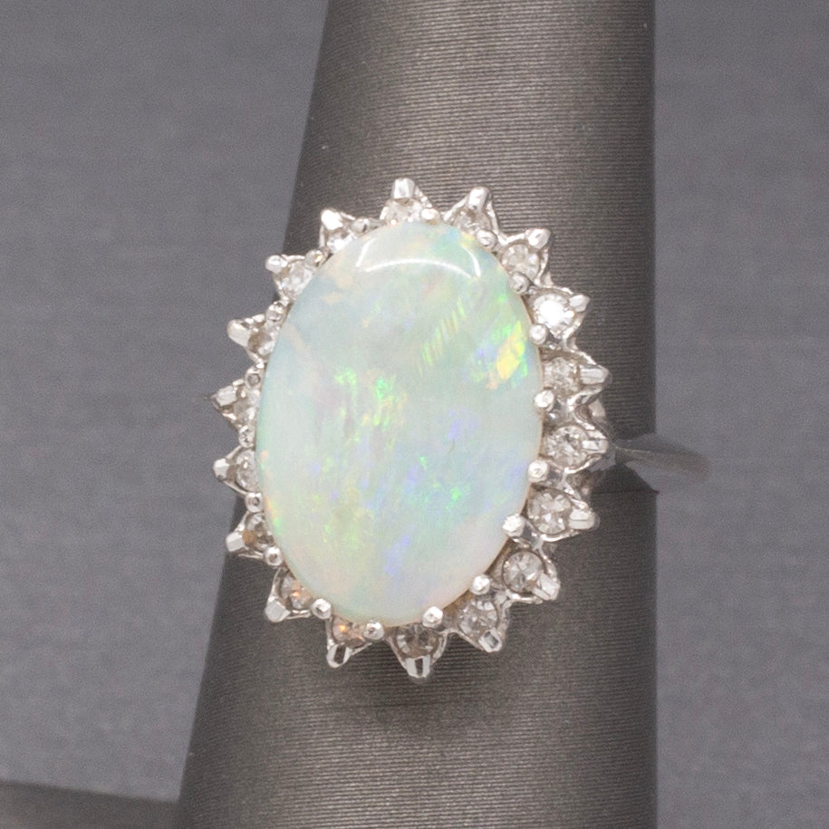 Vintage Australian Opal and Diamond Halo Ring in 14k White Gold