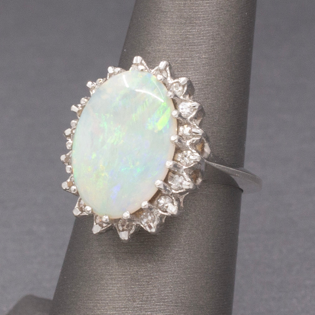Vintage Australian Opal and Diamond Halo Ring in 14k White Gold