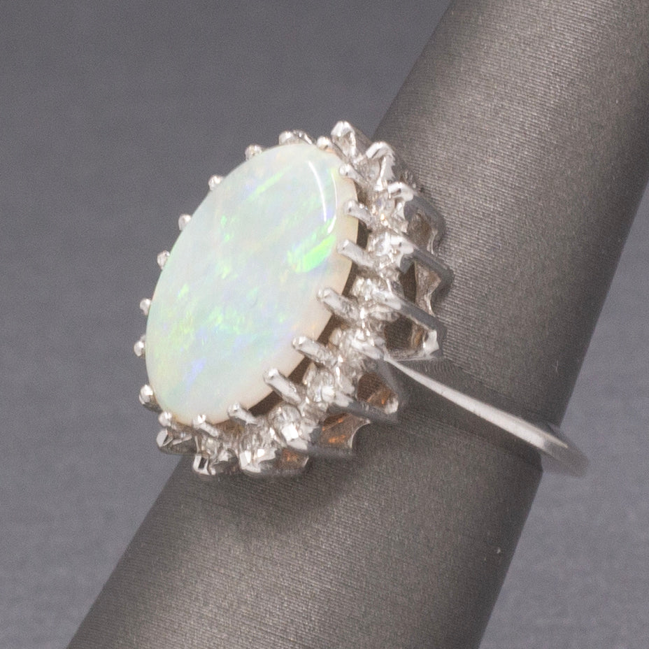 Vintage Australian Opal and Diamond Halo Ring in 14k White Gold