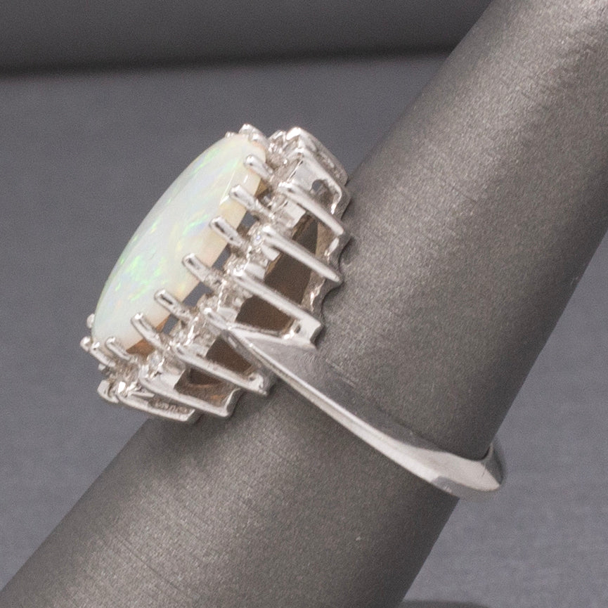 Vintage Australian Opal and Diamond Halo Ring in 14k White Gold