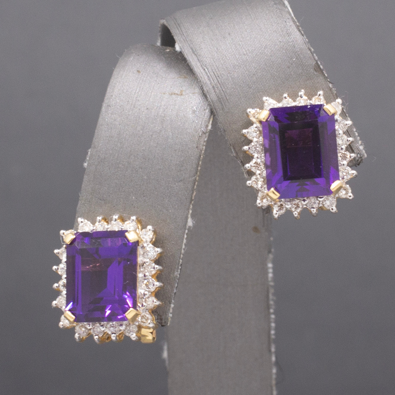 Gorgeous Grape Colored Amethyst and Diamond Omega Back Earrings in 14k Yellow Gold