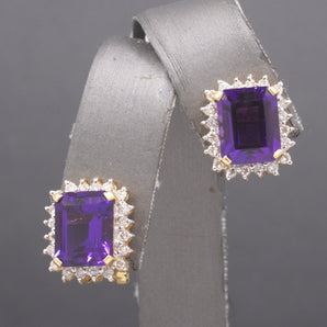 Gorgeous Grape Colored Amethyst and Diamond Omega Back Earrings in 14k Yellow Gold