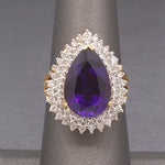 Deep Vivid Purple Amethyst and Double Diamond Halo Ring in 14k Yellow Gold
