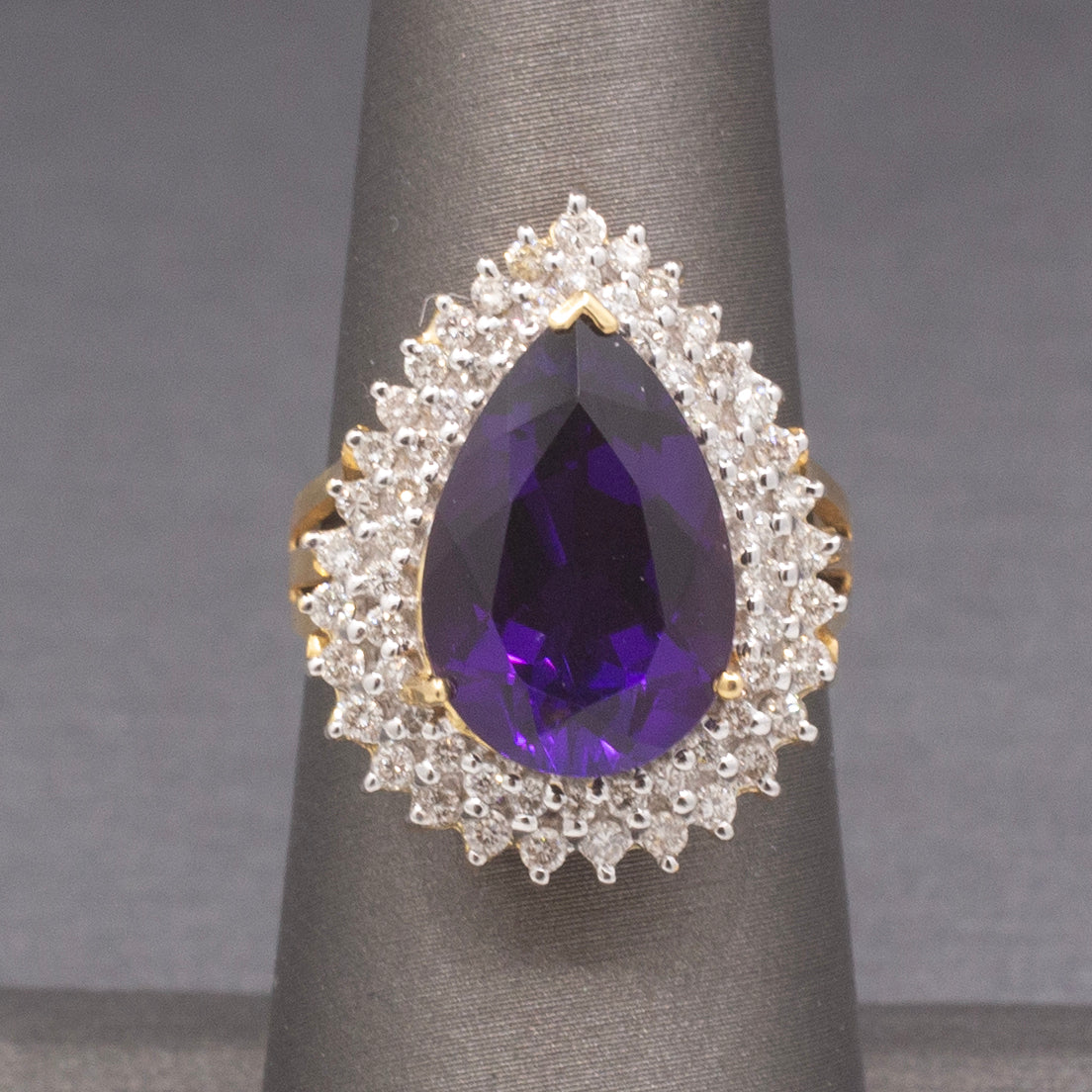 Deep Vivid Purple Amethyst and Double Diamond Halo Ring in 14k Yellow Gold