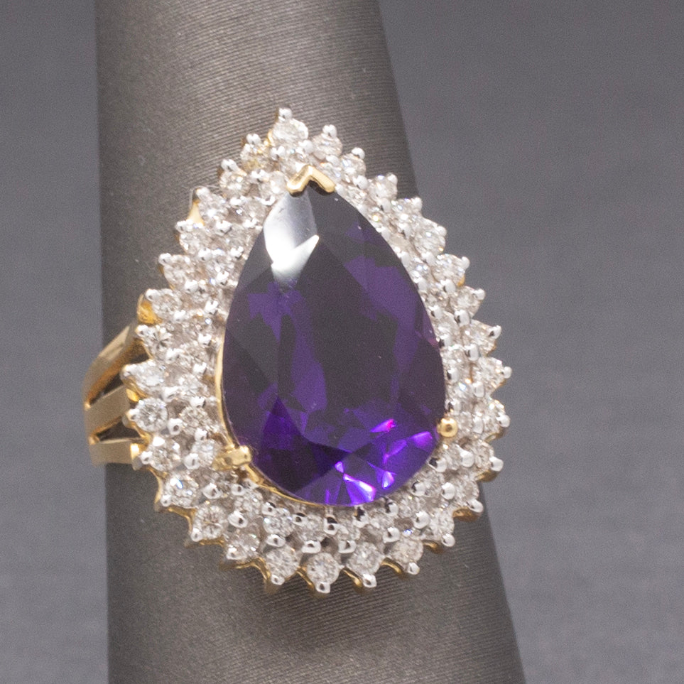 Deep Vivid Purple Amethyst and Double Diamond Halo Ring in 14k Yellow Gold