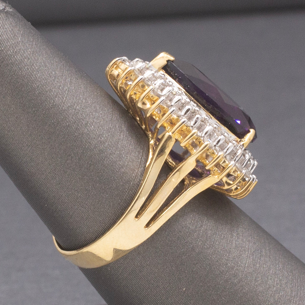 Deep Vivid Purple Amethyst and Double Diamond Halo Ring in 14k Yellow Gold