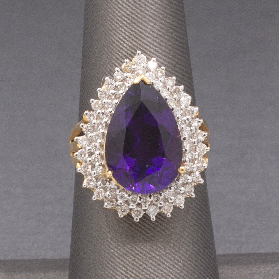 Deep Vivid Purple Amethyst and Double Diamond Halo Ring in 14k Yellow Gold