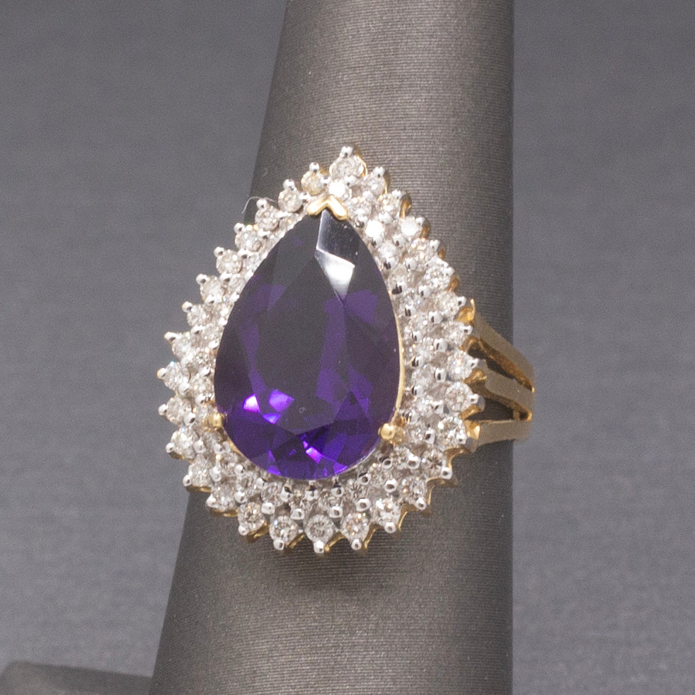 Deep Vivid Purple Amethyst and Double Diamond Halo Ring in 14k Yellow Gold