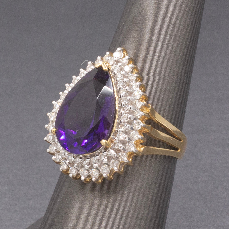 Deep Vivid Purple Amethyst and Double Diamond Halo Ring in 14k Yellow Gold