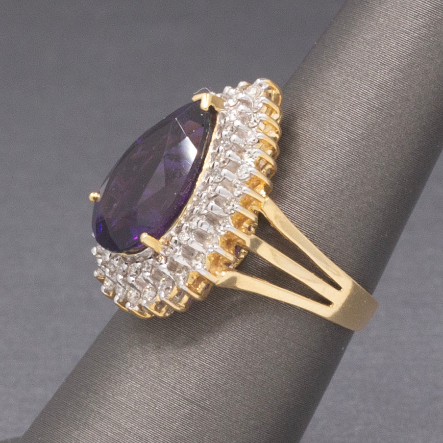 Deep Vivid Purple Amethyst and Double Diamond Halo Ring in 14k Yellow Gold