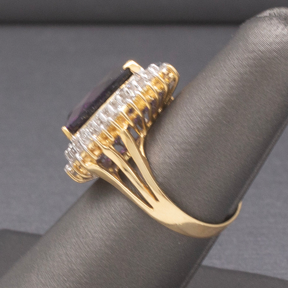 Deep Vivid Purple Amethyst and Double Diamond Halo Ring in 14k Yellow Gold