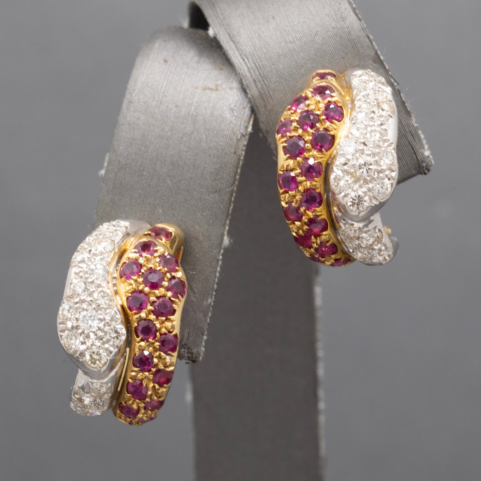 Exquisite Double Headed Snake Diamond and Ruby Huggie Hoops in 18k Yellow and White Gold