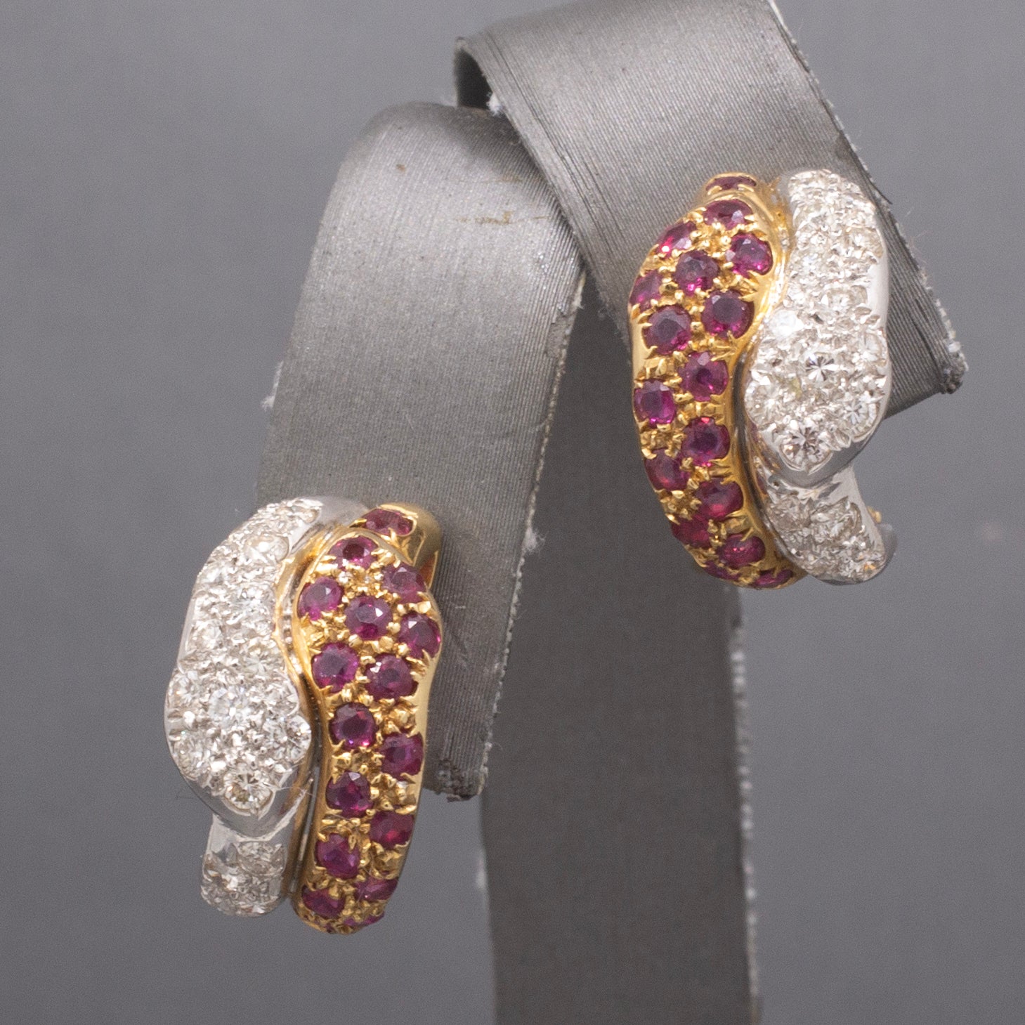 Exquisite Double Headed Snake Diamond and Ruby Huggie Hoops in 18k Yellow and White Gold