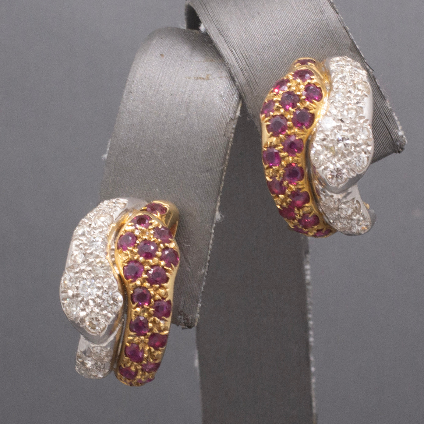 Exquisite Double Headed Snake Diamond and Ruby Huggie Hoops in 18k Yellow and White Gold