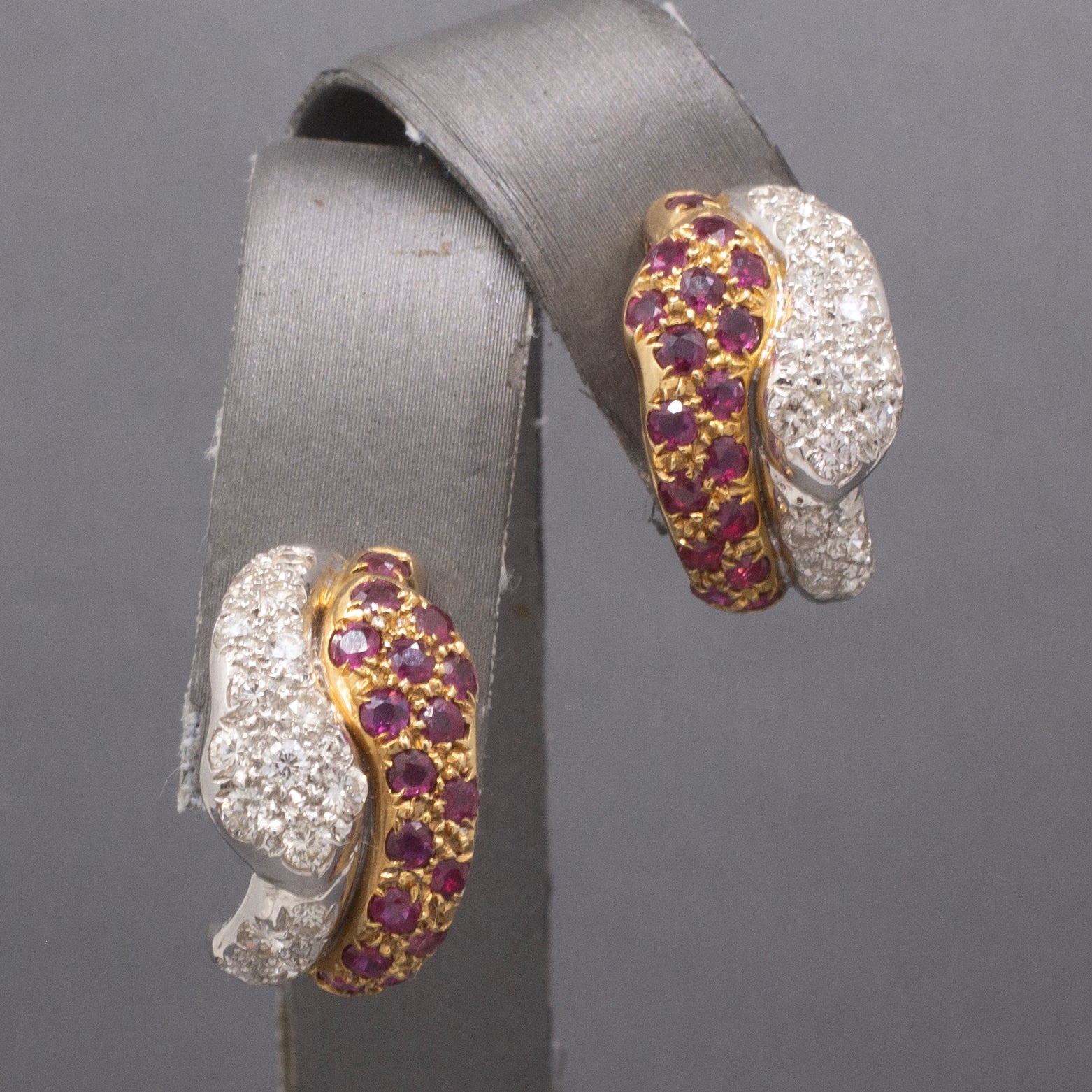 Exquisite Double Headed Snake Diamond and Ruby Huggie Hoops in 18k Yellow and White Gold