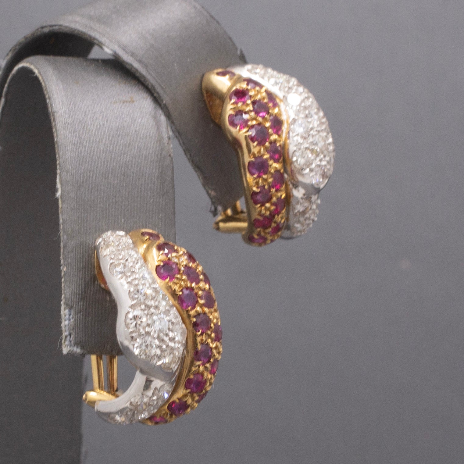 Exquisite Double Headed Snake Diamond and Ruby Huggie Hoops in 18k Yellow and White Gold