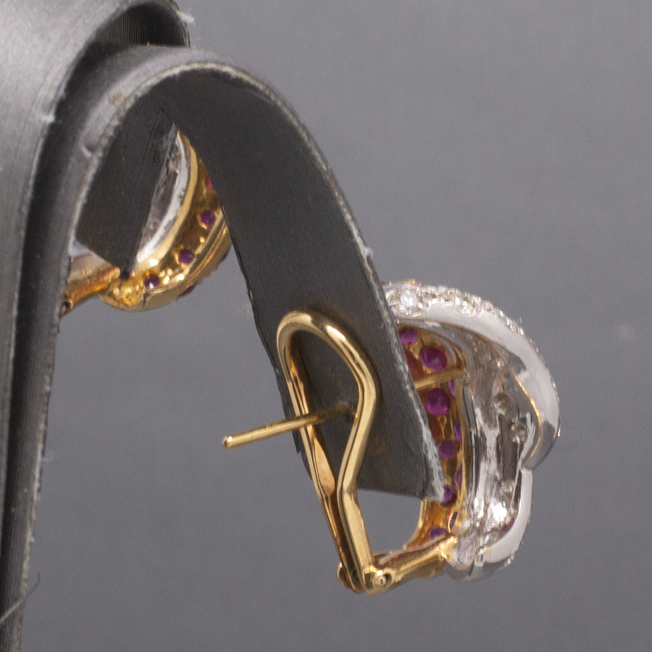 Exquisite Double Headed Snake Diamond and Ruby Huggie Hoops in 18k Yellow and White Gold