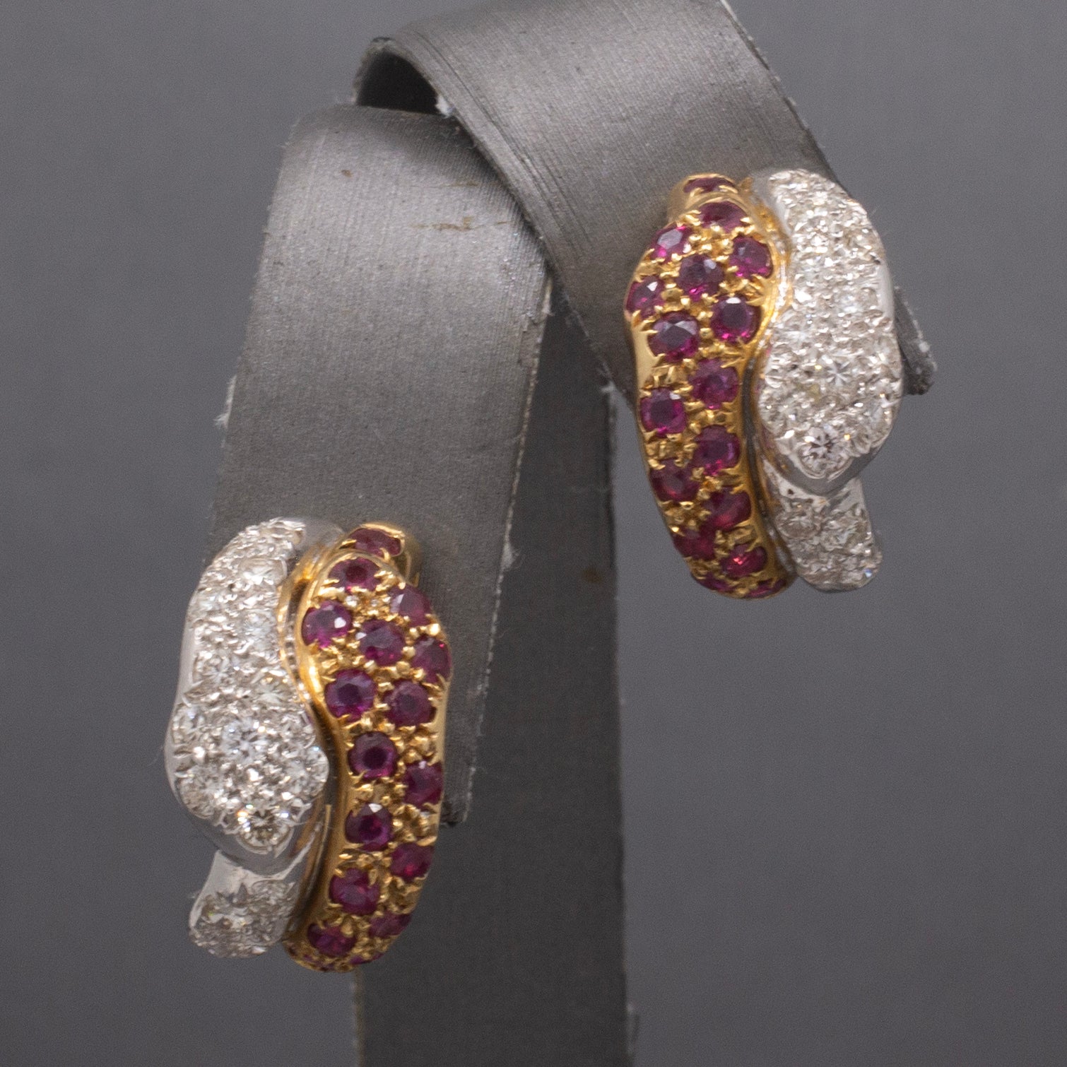 Exquisite Double Headed Snake Diamond and Ruby Huggie Hoops in 18k Yellow and White Gold