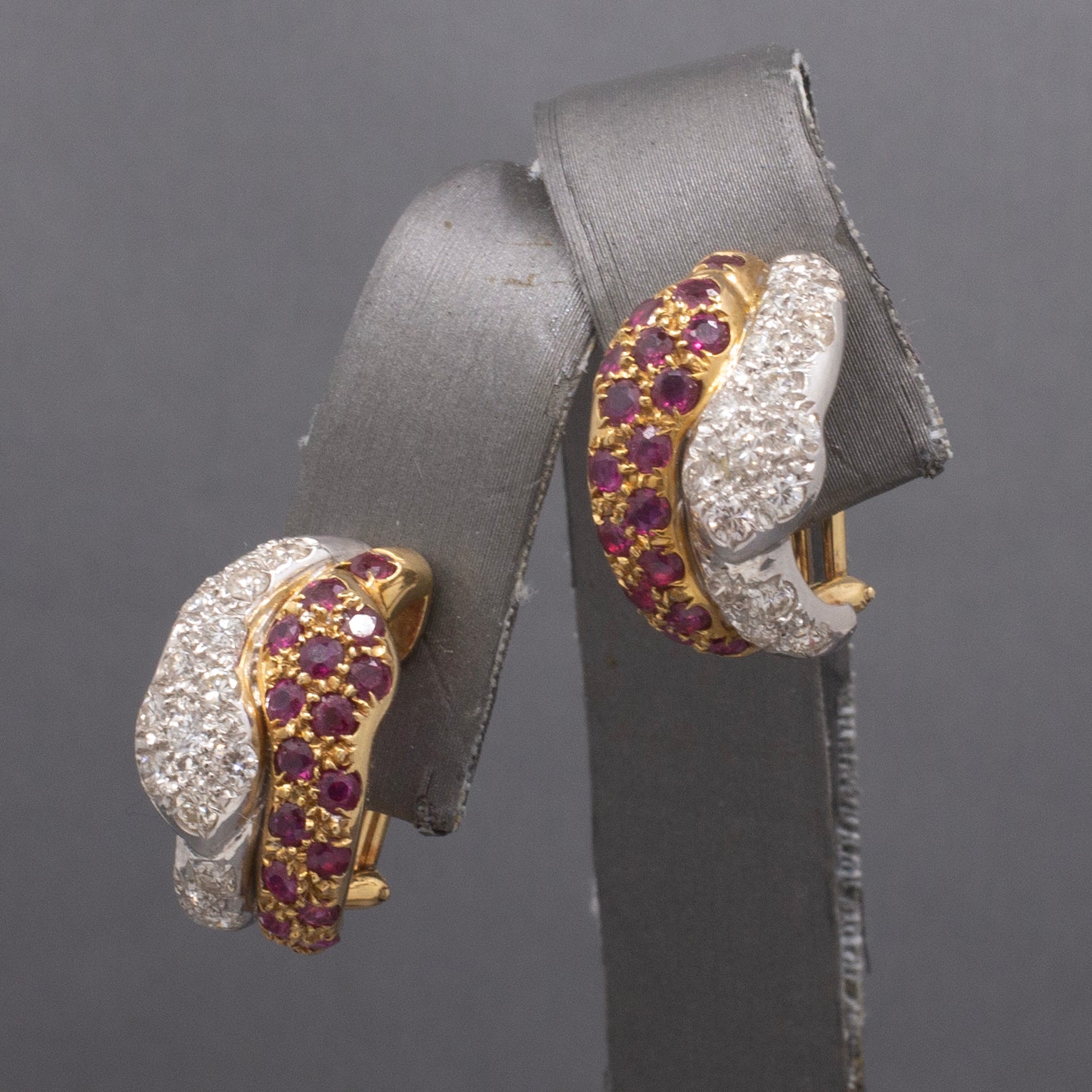 Exquisite Double Headed Snake Diamond and Ruby Huggie Hoops in 18k Yellow and White Gold