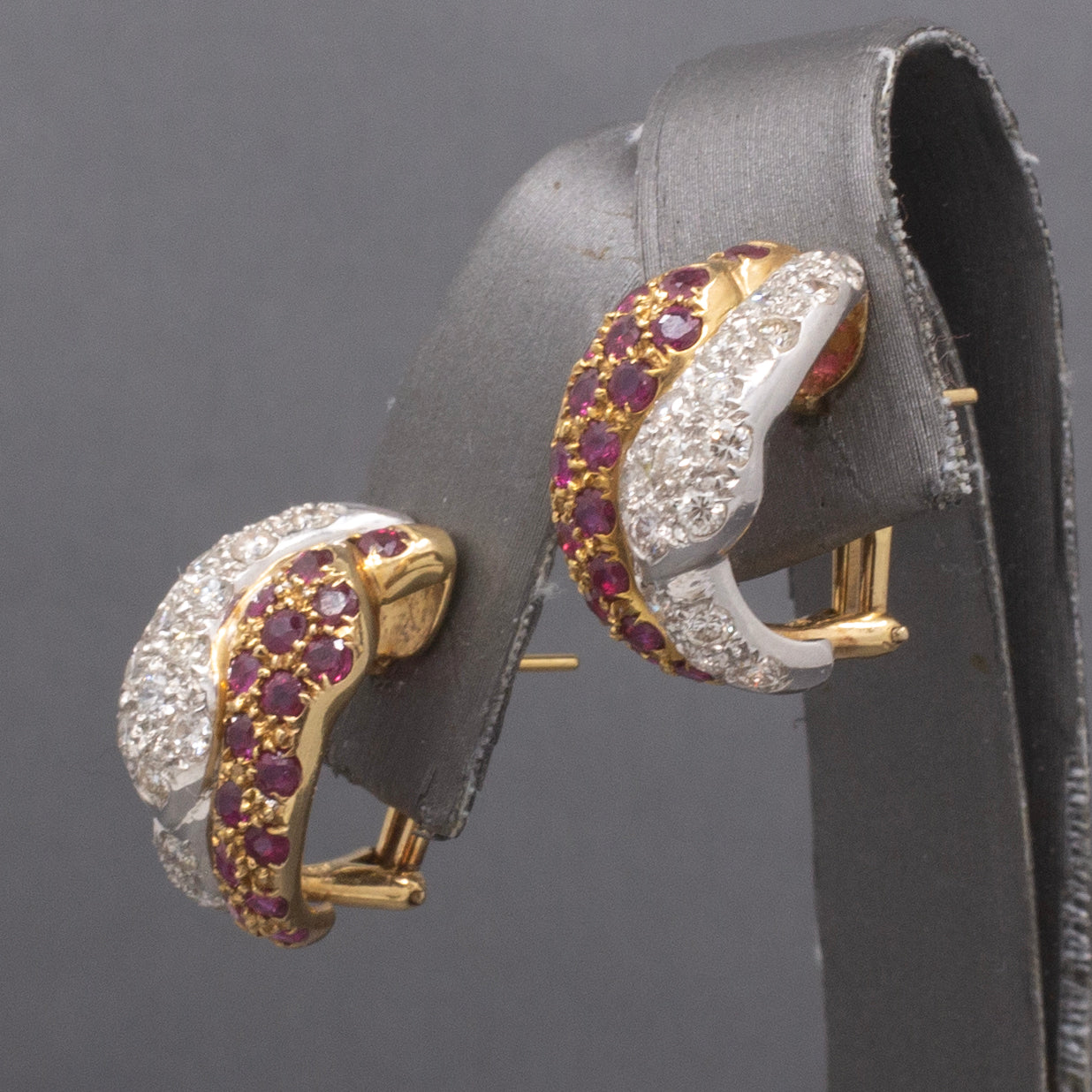 Exquisite Double Headed Snake Diamond and Ruby Huggie Hoops in 18k Yellow and White Gold