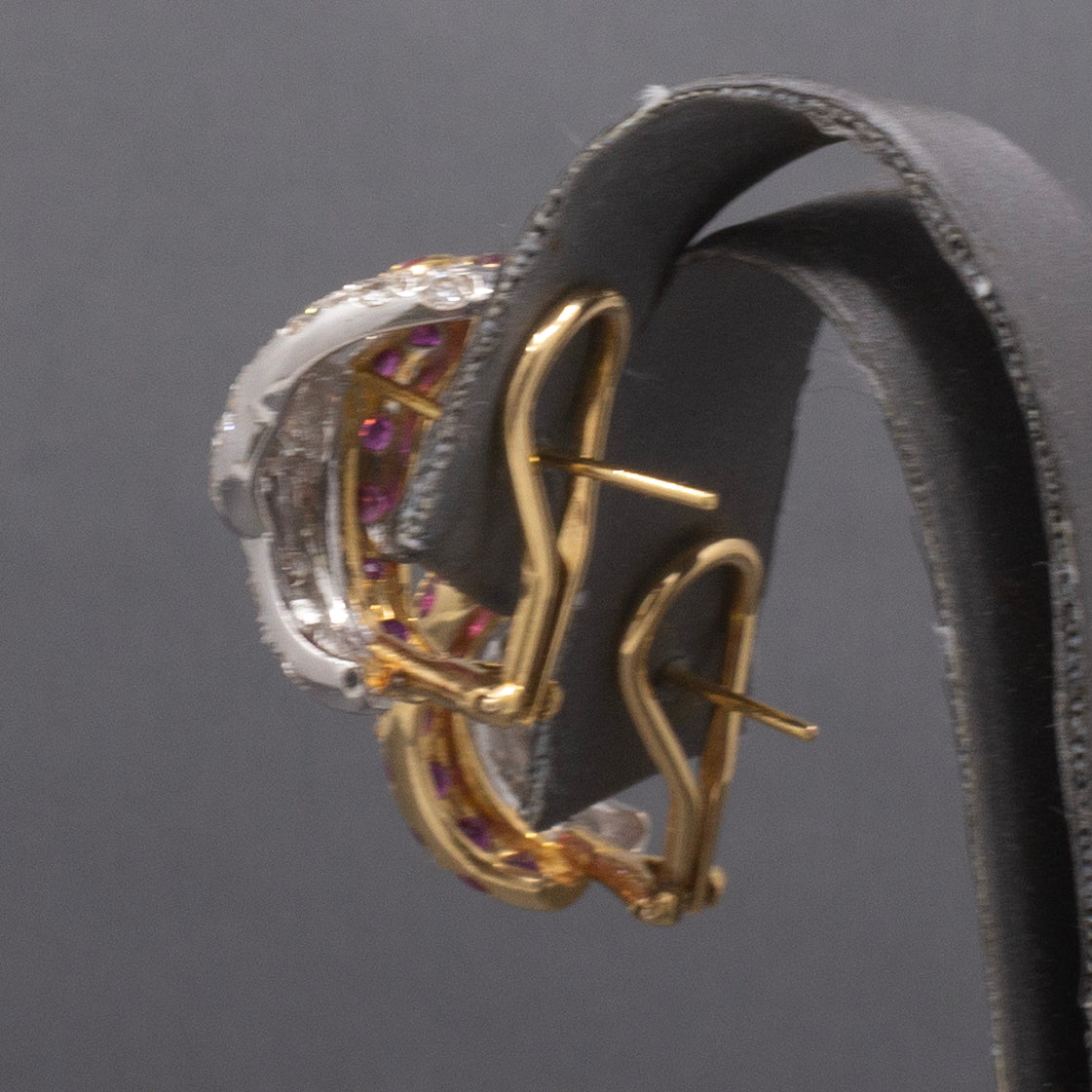 Exquisite Double Headed Snake Diamond and Ruby Huggie Hoops in 18k Yellow and White Gold